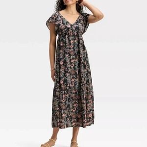Universal Thread Black Floral Smocked Square Neck Flutter Sleeve Maxi Dress L